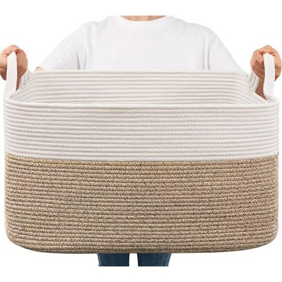 Large Woven Storage Basket Cotton Rope Blanket Toy Organizer Bin for Bedroom - Picture 8 of 8
